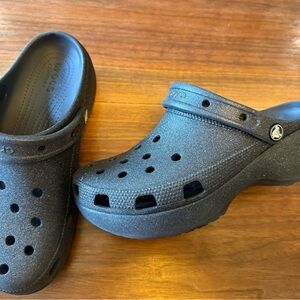 Black Glitter Platform Crocs Clogs